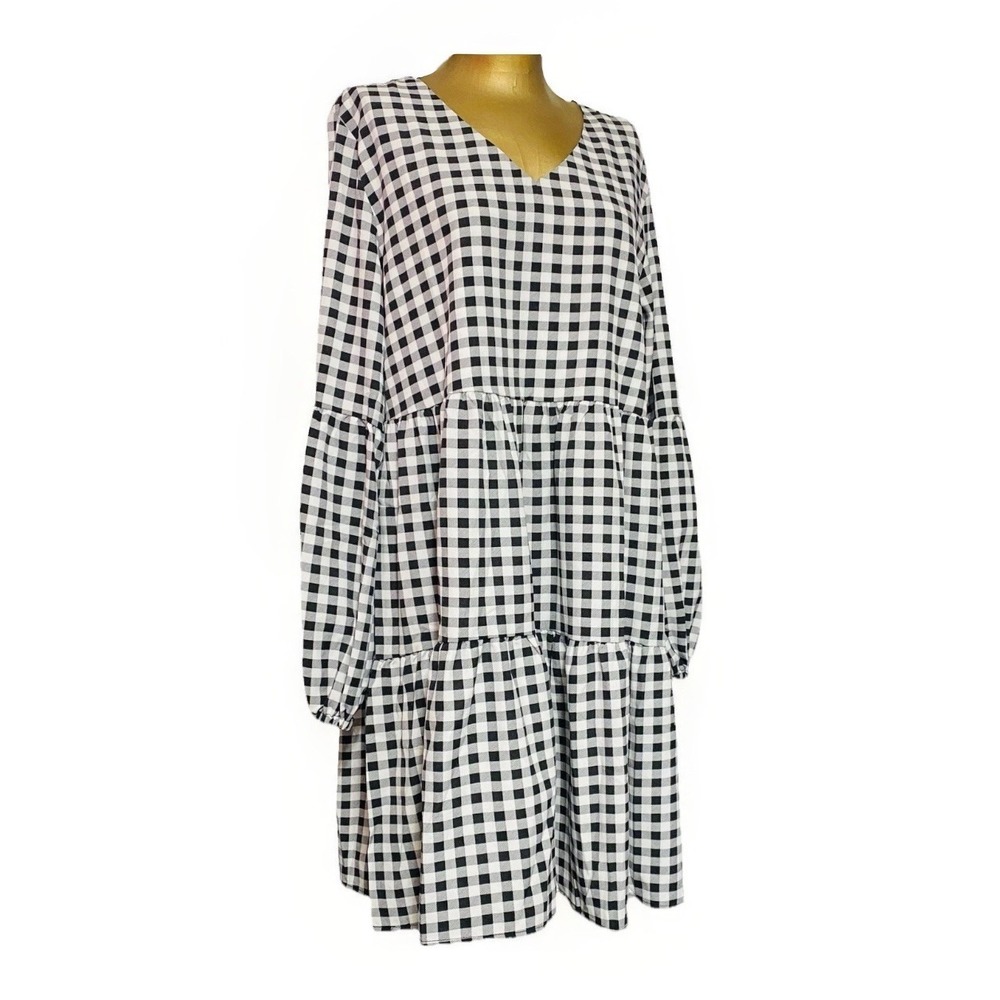 Unbranded Women's Black White Check Long Puff Sleeve V-Neck Babydoll Dress Large